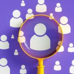 searching, seeking, looking, magnify, find, Human Resources Concept, Magnifier And People Icon On Purple Background, Business Leadership Concept